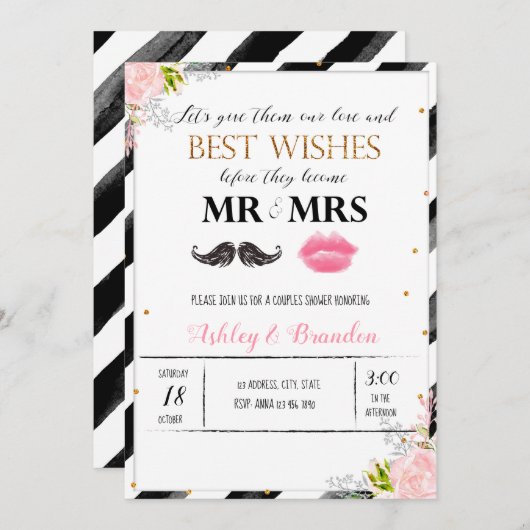 口ひげと唇のカップルのシャワーの招待 招待状 (正面/裏面)