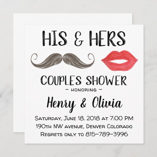 口ひげと唇のカップルのシャワー招待状 招待状 (正面/裏面)