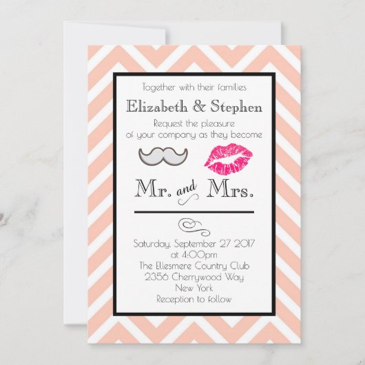 口ひげと唇の結婚式が桃のシェブロンに招待 招待状 (正面)