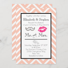 口ひげと唇の結婚式が桃のシェブロンに招待 招待状