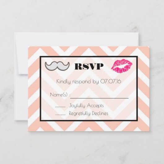 口ひげと唇の結婚式RSVP on Peach Chevron 出欠カード (正面)