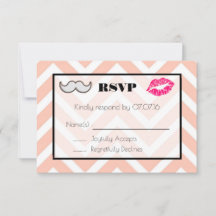 口ひげと唇の結婚式RSVP on Peach Chevron