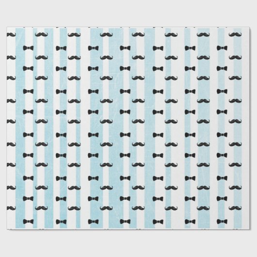 口ひげと弓タイ青と白のギフトストライプののタイ ラッピングペーパー (フラット)