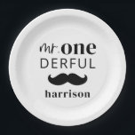口ひげのあるMr.Onederfulの名前 ペーパープレート<br><div class="desc">このモノクロのナプキンデザインで、あなたの小さな少年の最初の誕生日パーティーのための美しいデコモダンアを作成する。タイポグラフィとモダン口ひげデザインを備え、その下に名前を選ぶ。</div>