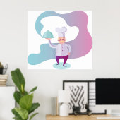 口ひげのシェフとサービングトレイの笑顔 ポスター (ホームオフィス)