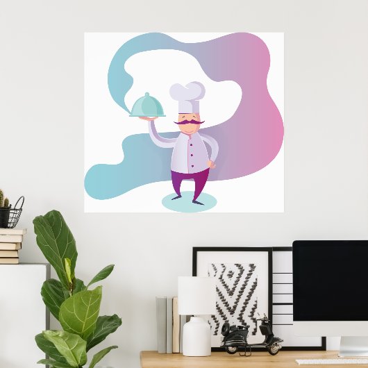 口ひげのシェフとサービングトレイ ポスター (ホームオフィス)