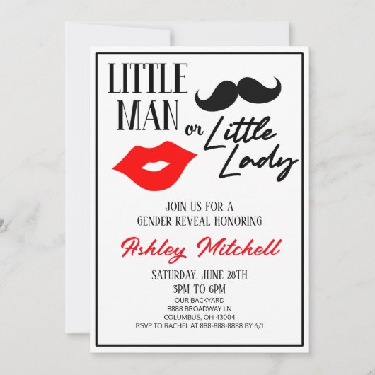 口ひげまたは口紅の女性または男性の性別が明らかになる 招待状 (正面)