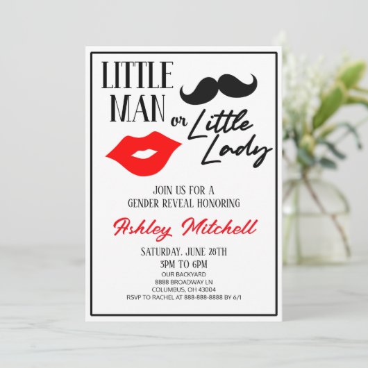 口ひげまたは口紅の女性または男性の性別が明らかになる 招待状 (スタンド正面)