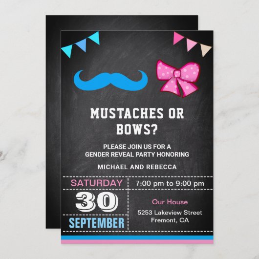 口ひげまたは弓ジェンダーの表示パーティー 招待状 (正面/裏面)