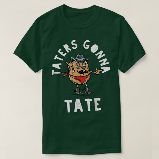 口ひげカウボーイポテトタータースがタットを食べおもしろいる Tシャツ (デザイン正面)