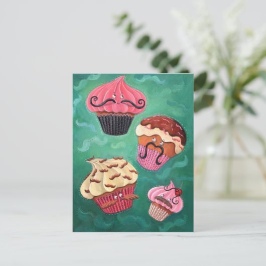 口ひげカップケーキ飛んでいるの魔法の装飾 ポストカード (スタンド正面)