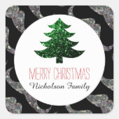 口ひげグリーンクリスマスツリー輝くギフトラベル スクエアシール (正面)