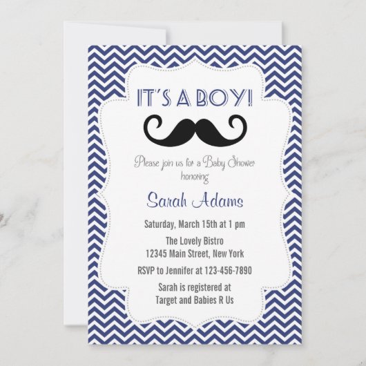口ひげパーティーベビーシャワー招待状ネービーブルー 招待状 (正面)