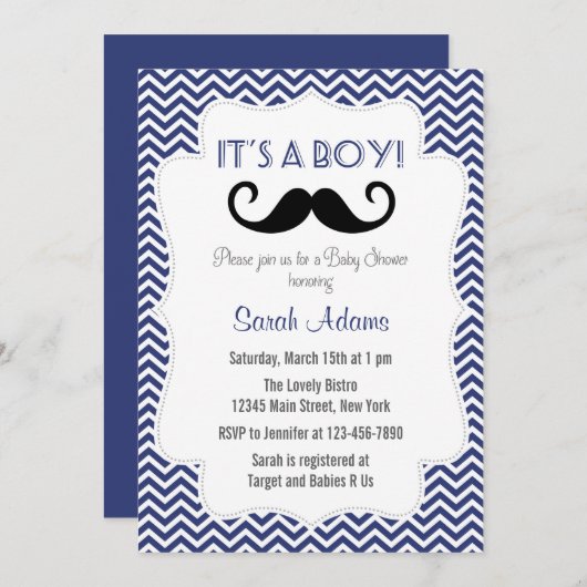 口ひげパーティーベビーシャワー招待状ネービーブルー 招待状 (正面/裏面)