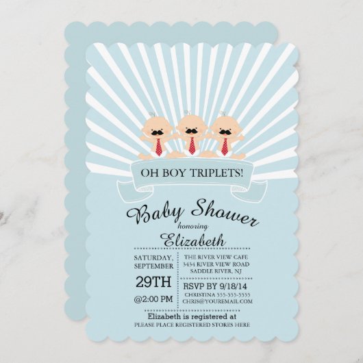 口ひげモダントリプレットボーイベビーシャワー招待状 招待状 (正面/裏面)