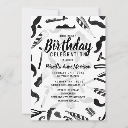 口ひげ剃刀の水彩理容師パターン 招待状 (正面)