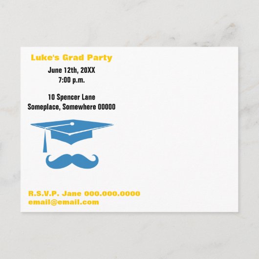 口ひげ卒業式ライトブルー インビテーションポストカード (裏面)