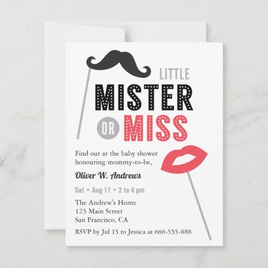 口ひげ唇の小道具ジェンダーが赤ちゃんのシャワーを明らかにする 招待状 (正面)