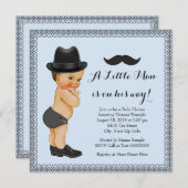 口ひげ小さな男の青と黒の赤ちゃんシャワー 招待状 (正面/裏面)