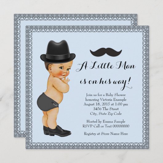 口ひげ小さな男の青と黒の赤ちゃんシャワー 招待状 (正面/裏面)