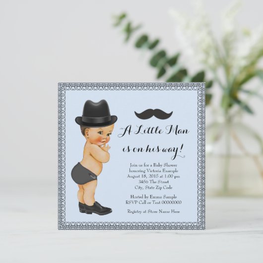 口ひげ小さな男の青と黒の赤ちゃんシャワー 招待状 (スタンド正面)