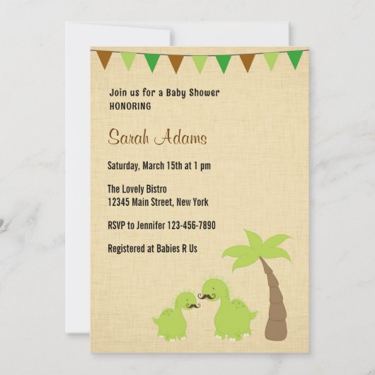 口ひげ恐竜テーマベビーシャワー招待状 招待状 (正面)