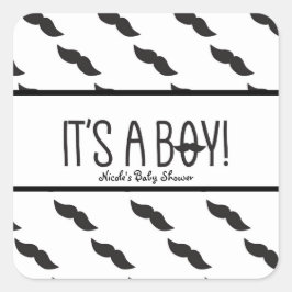 口ひげ男の子の白黒の赤ちゃんシャワーのお願い スクエアシール