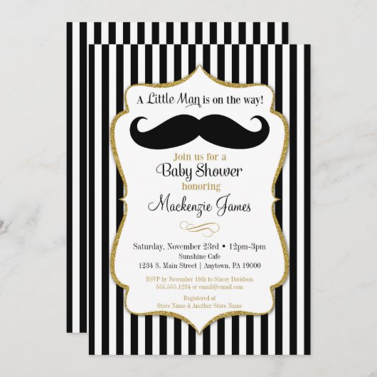 口ひげ男の子ベイビーシャワー招待状ブラック金ゴールド 招待状 (正面/裏面)