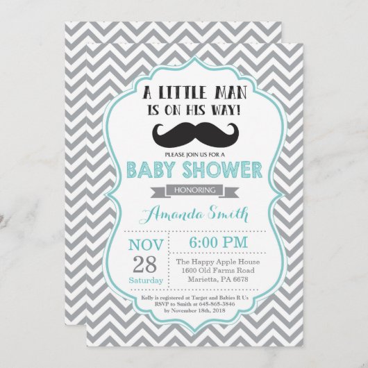 口ひげ赤ちゃんシャワー招待状アクアアンドグレー 招待状 (正面/裏面)