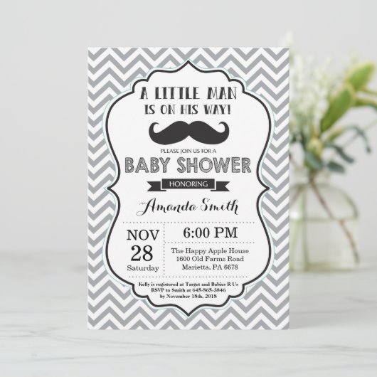 口ひげ赤ちゃんシャワー招待状白黒 招待状 (スタンド正面)