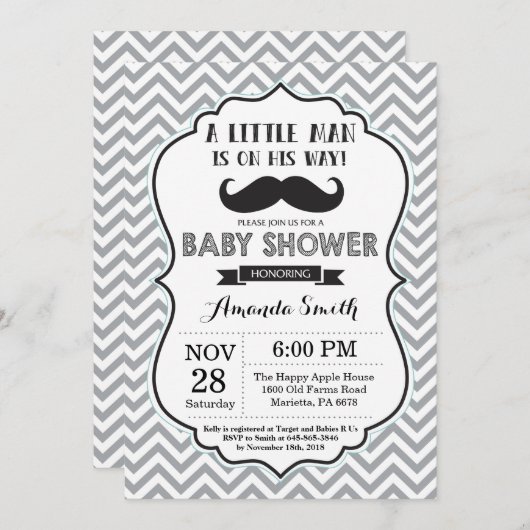 口ひげ赤ちゃんシャワー招待状白黒 招待状 (正面/裏面)