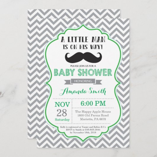 口ひげ赤ちゃんシャワー招待状緑と灰色 招待状 (正面/裏面)