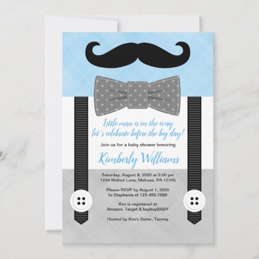 口ひげ赤ちゃんシャワー招待青の小さな男 招待状 (正面)