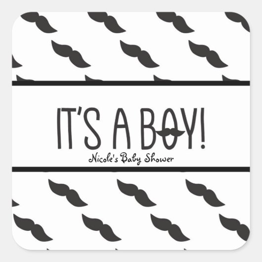 口ひげ IT'S A BOY ブラック ホワイト ベビーシャワー 引き出物 スクエアシール (正面)