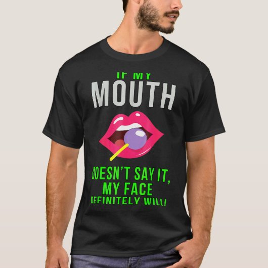 口もしの中に皮肉が出なおもしろいい Tシャツ (正面)