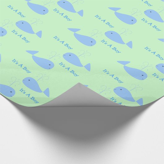 口を持つかわいいシロナガスクジラそれは男の赤ちゃんのシャワーです ラッピングペーパー (角)