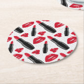 口紅および唇の水玉模様パターン ラウンドペーパーコースター (アングル)
