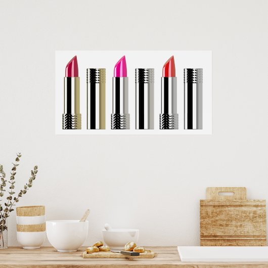 口紅の模様ピンクの赤いクロームの化粧品 ポスター (キッチン)