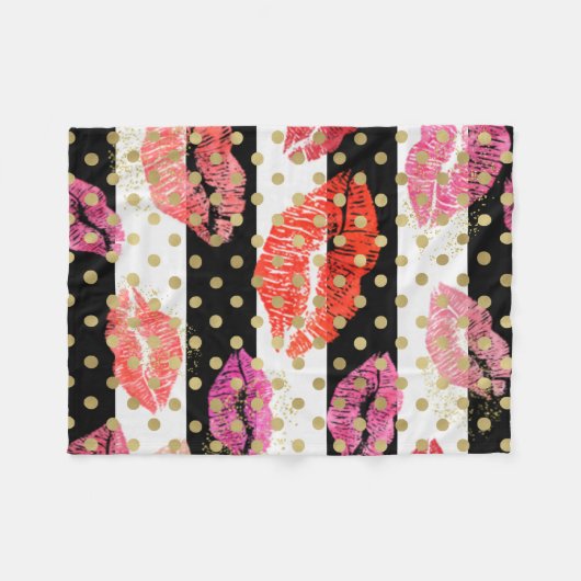 口紅の汚れ唇のキスとストライプ金ゴールド点 フリースブランケット (正面(横))