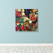 口紅を塗る美しい女性 キャンバスプリント (インサイチュ (ウッドフロア))