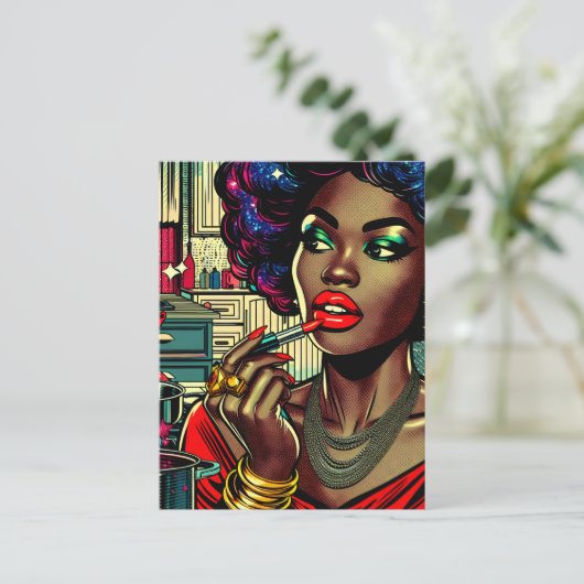 口紅を塗る美しい女性 ポストカード (スタンド正面)