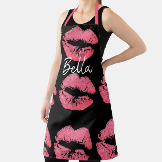 口紅キスプリントピンクと黒かわいい エプロン (インサイチュ)