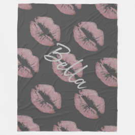 口紅キスプリントピンクリップステイングレーかわいい フリースブランケット