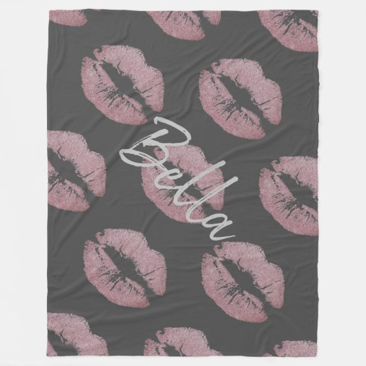 口紅キスプリントピンクリップステイングレーかわいい フリースブランケット (正面)