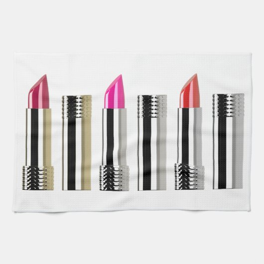 口紅チューブのクロムピンク赤い化粧品 キッチンタオル (横)
