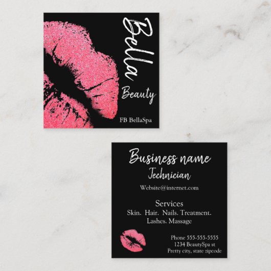 口紅プリントピンクリップステインブラック美しいスパ スクエア名刺 (正面/裏面)