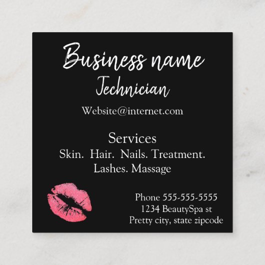 口紅プリントピンクリップステインブラック美しいスパ スクエア名刺 (裏面)