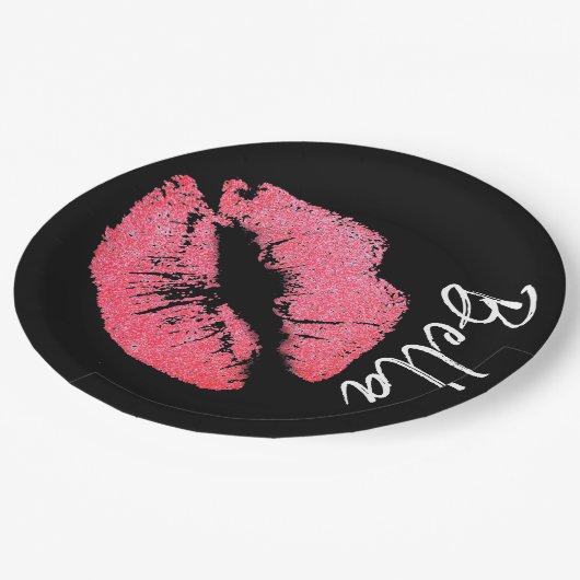 口紅プリントピンクリップステイン白黒かわいい ペーパープレート (アングル)