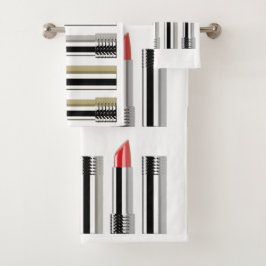 口紅美しい白クロムレッドストライプのピンク バスタオルセット