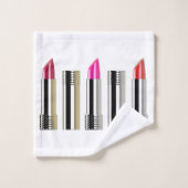 口紅美しい白クロムレッドストライプのピンク バスタオルセット (ウォッシュタオル)